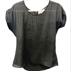 Olive & Oak Cuffed Sleeve sheer Blouse Scoop Neck Cutout Back Curved Hem Black M